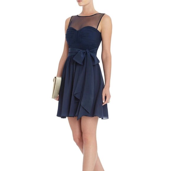 BCBG MAXAZRIA Dk. Navy 100% Silk Illusion Neckline Cocktail Dress Sz-10 NWT $338 - Picture 1 of 5